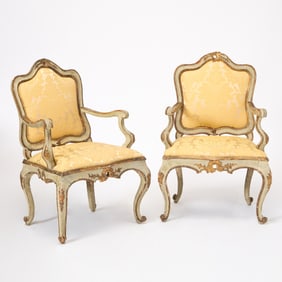 Pair of Italian Rococo Upholstered Gilt and Painted Armchairs