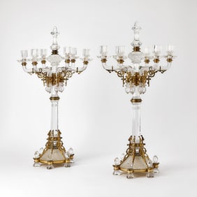 Pair of Continental Baccarat Style Gilt-Metal Mounted Glass Six-Light Candelabra
