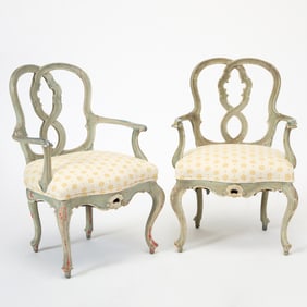 Pair of Italian Rococo Style Upholstered Painted Armchairs