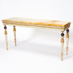 Neoclassical Style Marble Top Carved and Painted Wood Console Table