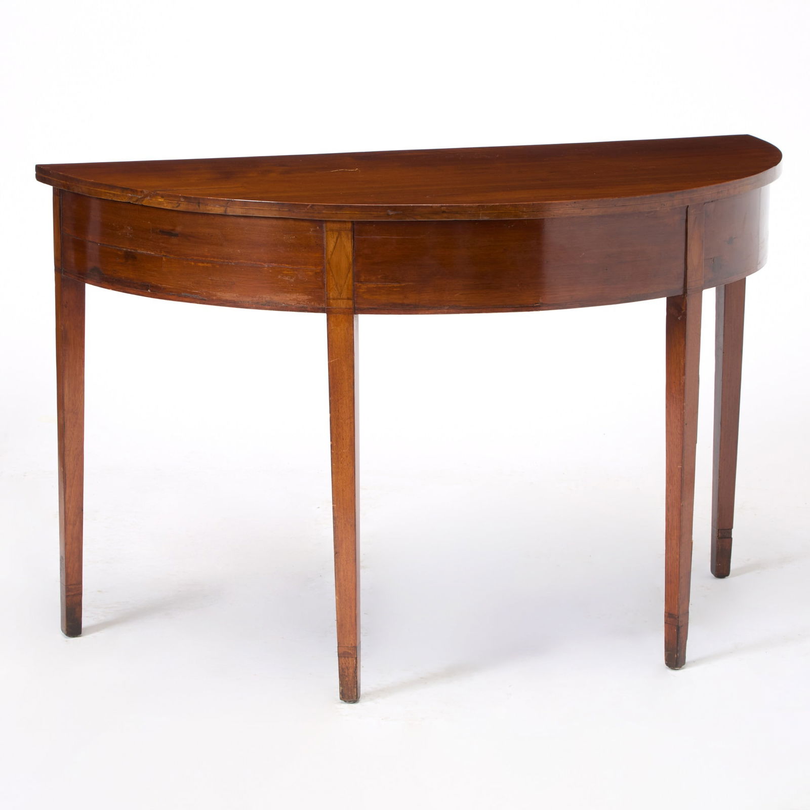 American Federal Mahogany Inlaid Demilune Console Table: Late 18th century Originally part of a dining table Height 29 inches, width 46 1/2 inches, depth 22 3/4 inches. losses, old restorations, distressed finish