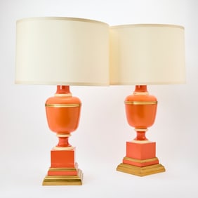 Pair of Gilt Decorated Coral Painted Metal Table Lamps