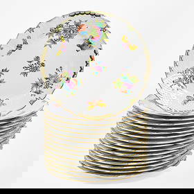 Set of Sixteen Herend Porcelain "Queen Victoria" Pattern Service Plates: Modern Each with hand-painted butterflies and flowers, green border. Diameter 11 inches. Very good condition