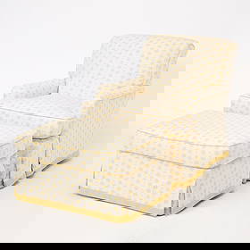 Upholstered Club Chair and Ottoman: Made by Lee Industries, late 20th century Height of club chair 35 inches, width 30 inches, depth 33 inches; height of ottoman 16 1/2 inches, width 30 inches depth 20 inches. Very good condition, no