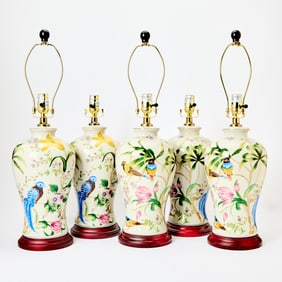 Set of Five Bird and Floral Decorated Porcelain Table Lamps
