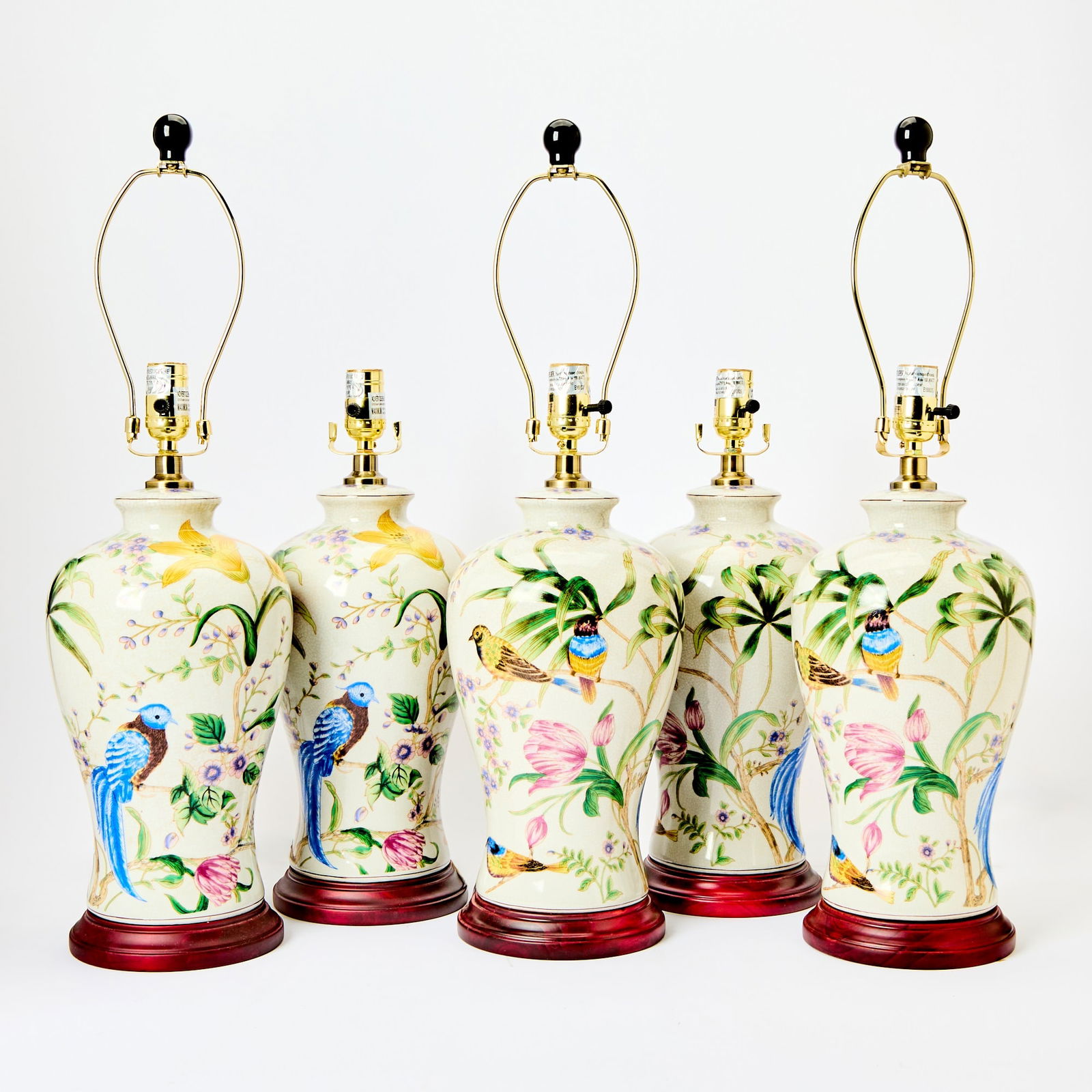 Set of Five Bird and Floral Decorated Porcelain Table Lamps (1 of 4)