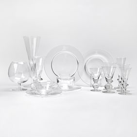 Steuben Blown Glass Heraldic Stemware and Dinner Service Engraved with the Whitney Family Crest