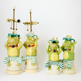 Pair of Paul Hanson Glazed Ceramic Frog-Form Table Lamps
