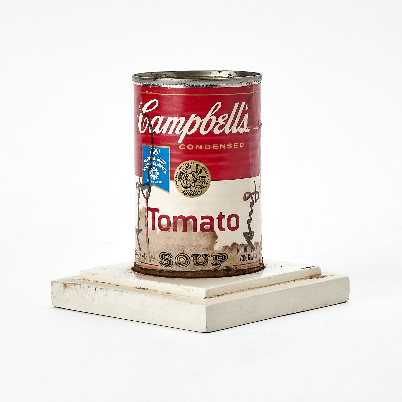 Andy Warhol (1928-1987): CAMPBELL'S SOUP CAN (TOMATO)Soup can, signed twice in black felt-tip marker on the label, affixed to wood base.Height 4 inches (10.1 cm)Provenance:Mr. and Mrs. Leo and Evelyn D. Farland, New YorkThenc