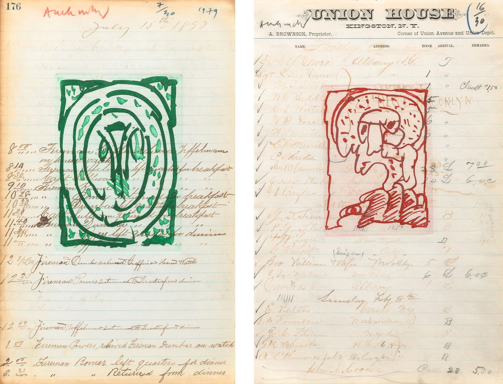 Pierre Alechinsky (b. 1927): STARVING FIREMAN; UNION HOUSETwo color etchings, 1979, on New York Fire Department registrar paper, signed and numbered 7/30 and 16/30, respectively, the first dated, in pencil, printed and published