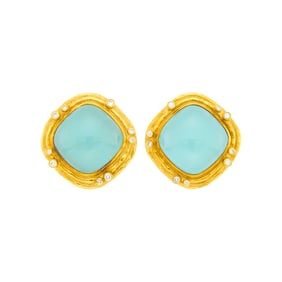 Pair of Gold, Green Chalcedony and Diamond Earclips