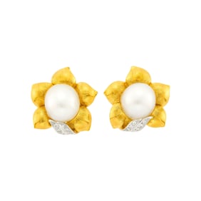 Pair of Two-Color Gold, South Sea Cultured Pearl and Diamond Flower Earclips