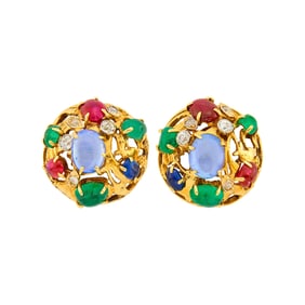Seaman Schepps Pair of Gold, Platinum, Cabochon Sapphire, Emerald and Ruby and Diamond Earclips