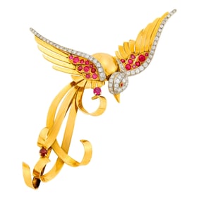 Gold, Platinum, Ruby and Diamond Bird Clip