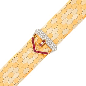 Tricolor Gold, Platinum, Ruby and Diamond Buckle Bracelet, France