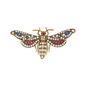 Gold-Plated Silver Ruby, Sapphire and Diamond Butterfly Brooch
