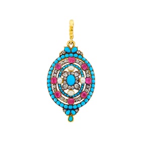 Antique Gold, Turquoise, Ruby, Pearl and Diamond Pendant