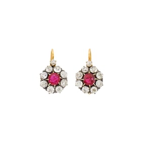 Pair of Antique Silver, Gold, Ruby and Diamond-Pendant Earrings