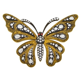Gold, Blackened Silver and Diamond 'En Tremblant' Butterfly Brooch