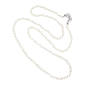 Long Cultured Pearl Necklace with Platinum, White Gold and Diamond Cluster Attachment