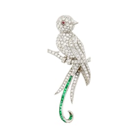 Platinum, Diamond, and Emerald Bird Clip-Brooch