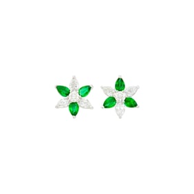 Pair of Platinum, White Gold, Diamond and Emerald Flower Earrings
