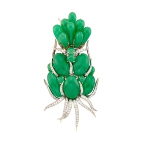 Oversized White Gold, Cabochon Grossular Garnet and Diamond Clip-Brooch