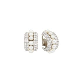 Pair of Platinum, Cultured Pearl and Diamond Half-Hoop Earrings