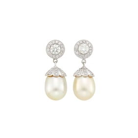 Pair of White Gold, Golden Cultured Pearl and Diamond Pendant-Earrings