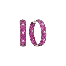 Pair of Two-Color Gold, Ruby and Diamond Hoop Earrings