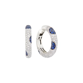 Pair of Two-Color Gold, Diamond and Sapphire Hoop Earrings