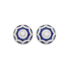 Pair of White Gold, Diamond and Sapphire Bombé Earclips