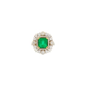 Two-Color Gold, Emerald and Diamond Ring