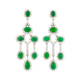 Pair of White Gold, Cabochon Emerald and Diamond Pendant-Earrings
