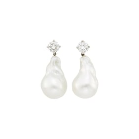 Pair of Platinum, Diamond and Baroque Cultured Pearl Pendant-Earrings