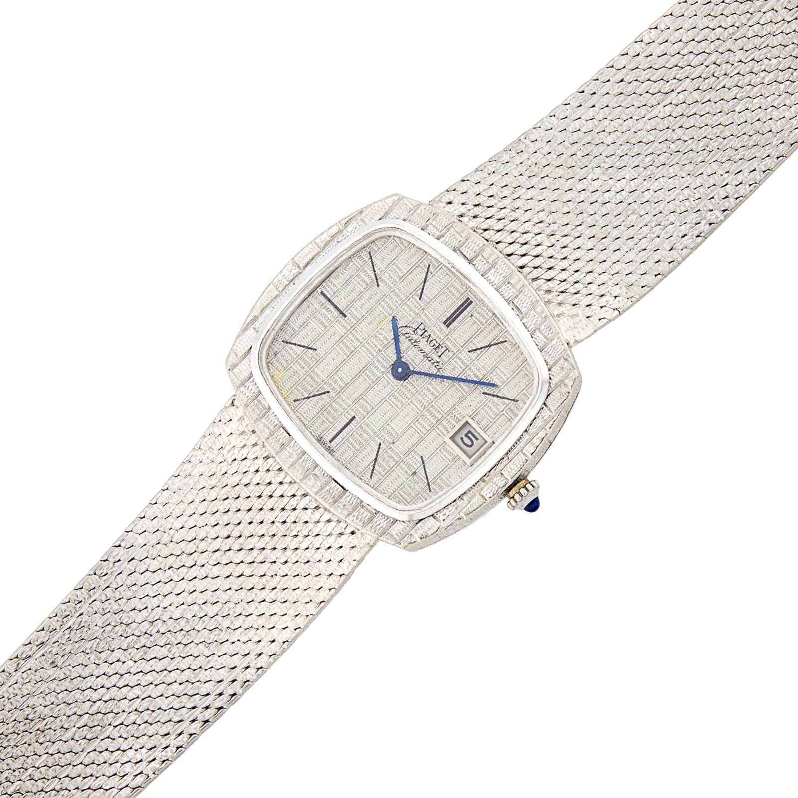 Piaget Gentleman's White Gold Wristwatch: Automatic, cushion-shaped textured tiled dial, slender black markers, date aperture, textured tiled bezel, round cabochon blue spinel crown, case dia. ap. 31 x 32 mm., textured tiled articulated mesh
