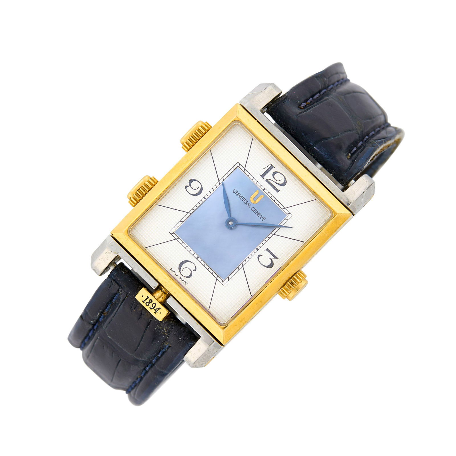 Universal Genève Gentleman's Gold and Platinum 'Golden Janus Cabriolet' Wristwatch, Ref.: 18 kt., mechanical, the gold flip-case with one side centering one rectangular abalone shell inner time dial, hinged flip-case with two circular abalone shell dials with inner and outer apertures, bot