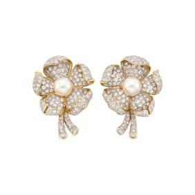 Pair of Two-Color Gold, Cultured Pearl and Diamond Flower Earclips