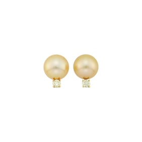 Pair of Gold, Golden Cultured Pearl and Colored Diamond Earclips