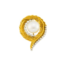 McTeigue Gold, Platinum, South Sea Cultured Pearl and Diamond Brooch