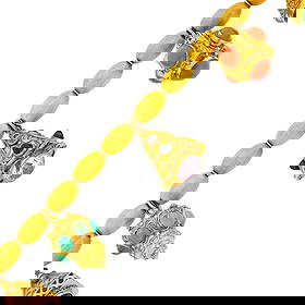 Gold, Hardstone, Enamel and Gem-Set Charm Bracelet: 18 kt., five granulated charms, one round amethyst, 6 round cabochon turquoise, one oval synthetic pink sapphire, 5 oval cabochon synthetic sapphires, 5 round blue topaz, 5 round cabochon coral, one r