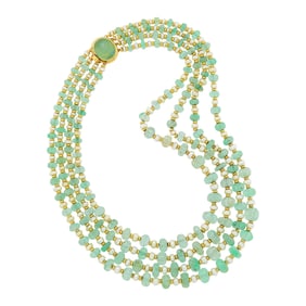 Seaman Schepps Four Strand Fluted Emerald and Gold Bead and Freshwater Pearl Necklace with Cabochon