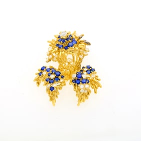 Kurt Wayne Gold, Diamond and Sapphire Flower Clip-Brooch