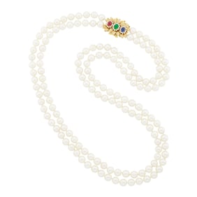 Long Cultured Pearl Necklace with Gold, Cabochon Gem-Set and Diamond Clasp