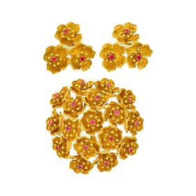 Cartier Gold and Ruby Flower Brooch and Pair of Earclips