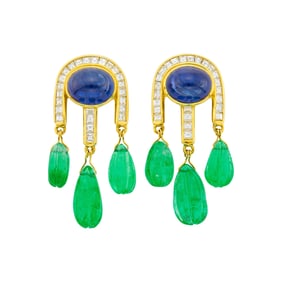 Pair of Gold, Cabochon Sapphire, Fluted Emerald Bead and Diamond Pendant-Earrings