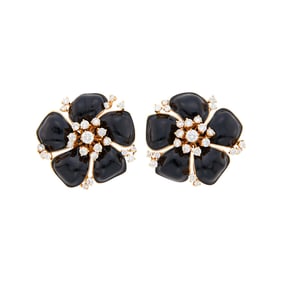 Pair of Rose Gold, Black Enamel and Diamond Flower Earclips