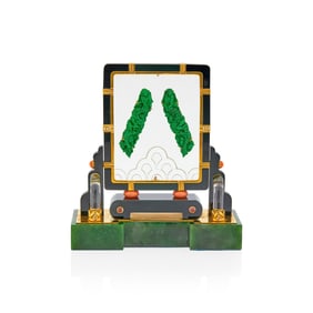 Gold, Black Onyx, Carved Nephrite, Green Hardstone, Coral, Rock Crystal, Garnet and Diamond Desk