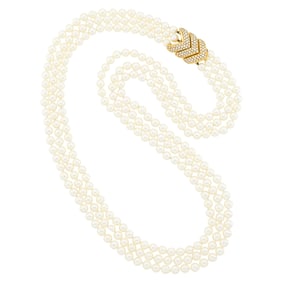 Long Triple Strand Cultured Pearl Necklace with Gold and Diamond Clasp
