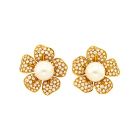 Pair of Gold, Cultured Pearl and Diamond Earclips
